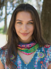 Woman in blue dress and colorful scarf with FULL BOHO BANDEAU HEADBAND MULTI STRIPE