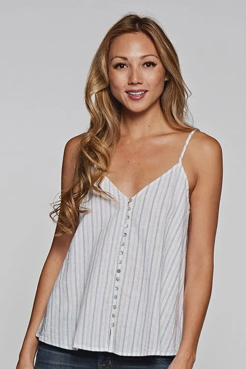 Woman with long wavy blonde hair wearing a striped button front tank top, women’s boho chic clothing