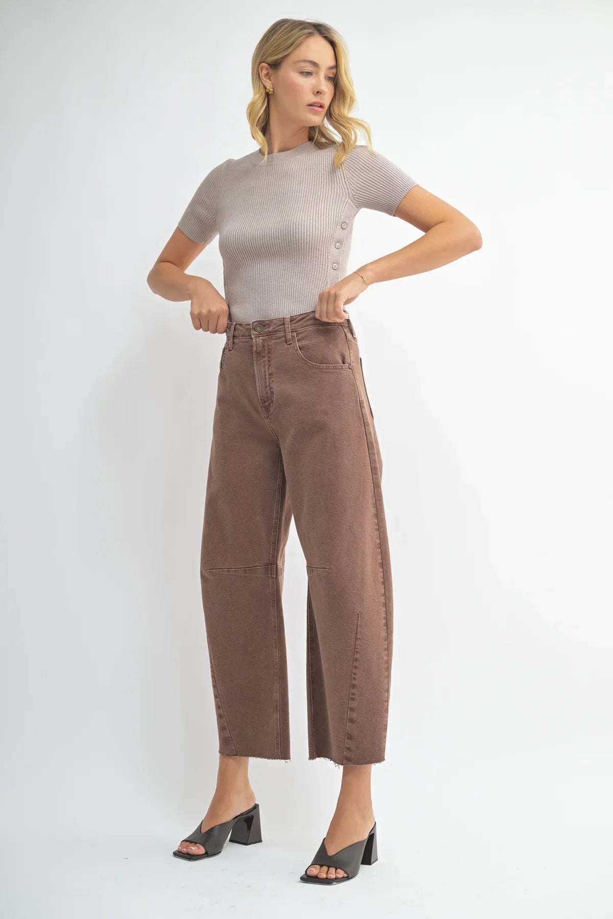 Woman wearing THE SEAMED BARREL WILD LEG DENIM JEANS and stylish wide leg denim jeans