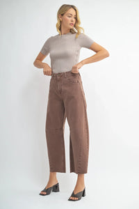 Woman wearing THE SEAMED BARREL WILD LEG DENIM JEANS and stylish wide leg denim jeans