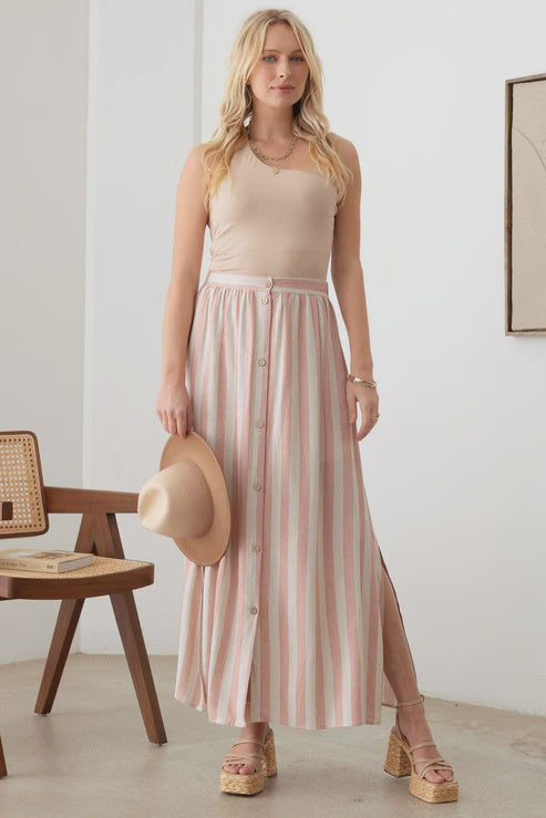 BOHO FRONT BUTTON STRIPE MAXI SKIRT - CORAL BEIGE / SMALL