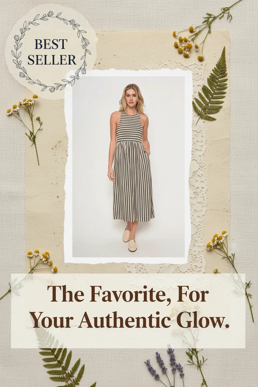 Woman wearing a DRA RENZO MUSCLE TANK STRIPE MIDI DRESS showcasing a stylish tank stripe midi design