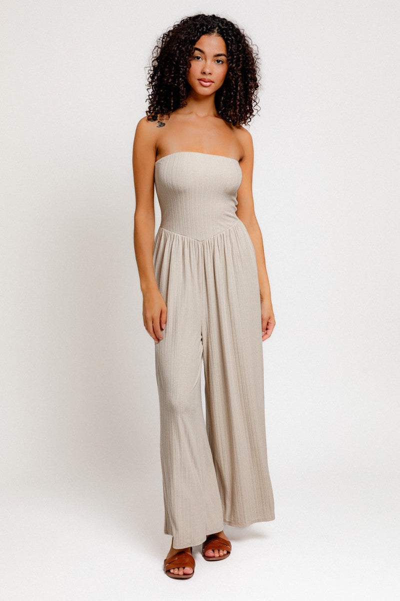 STRAPLESS KNIT WIDE PANTS JUMPSUIT - TAUPE / X SMALL