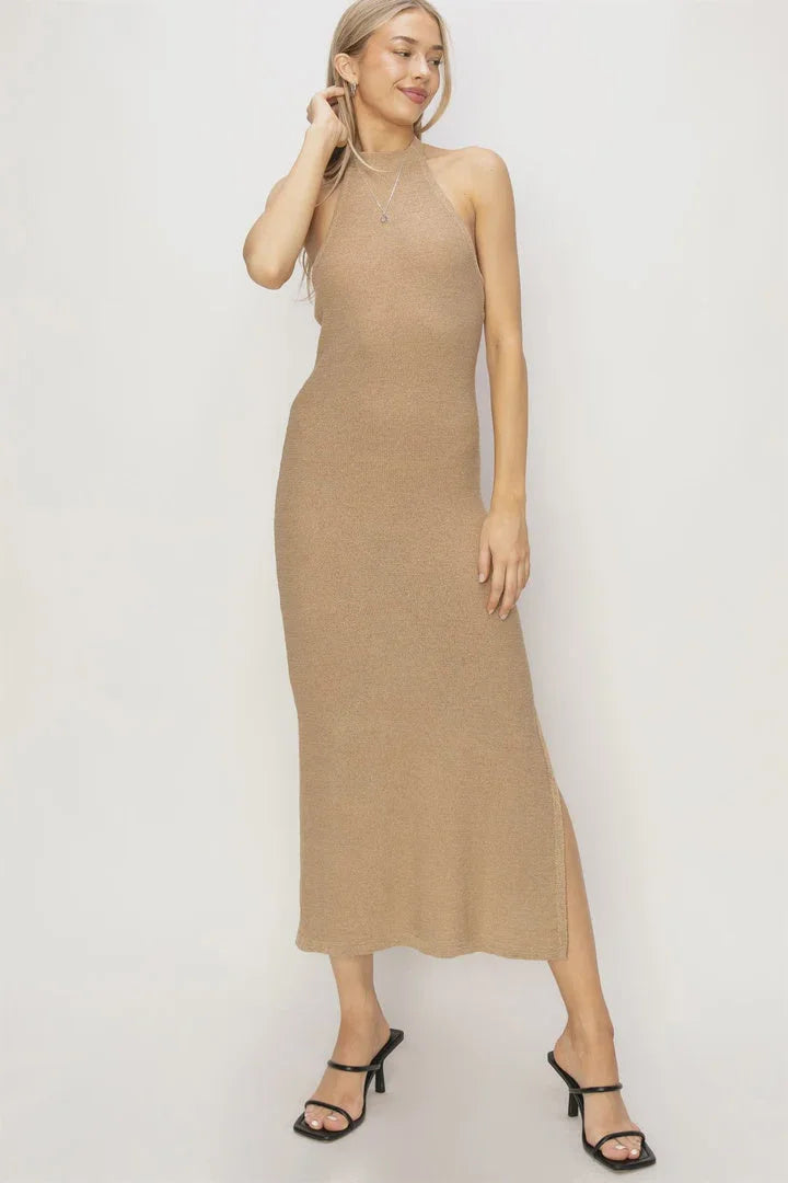 Woman showcasing a tan Halter Neck Midi Dress, elegant and stylish for any occasion