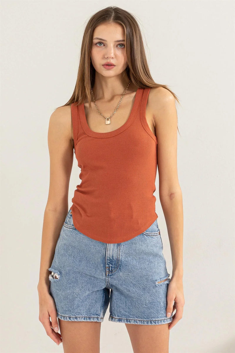 SCOOP NECK RIBBED TANK TOP - BAKED CLAY / SMALL - TANK TOP