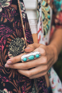 Woman showcasing a Turquoise Waterfall Droplet Adjustable Ring with a stunning turquoise stone