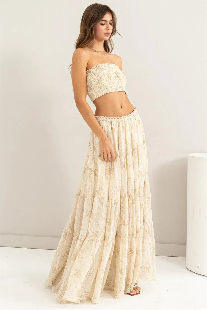 Woman in white and beige floral print dress - FLORAL TUBE TOP AND MAXI SKIRT