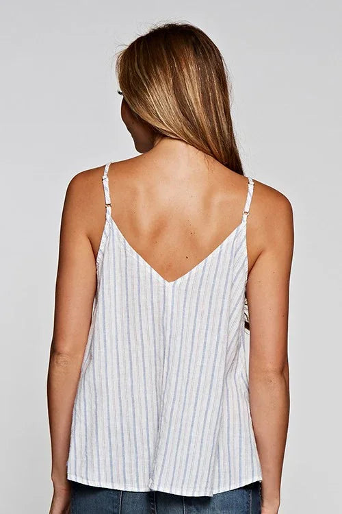 Women’s boho chic clothing: back view of striped button front tank top at Shop Daisy