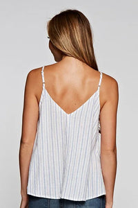 Women’s boho chic clothing: back view of striped button front tank top at Shop Daisy