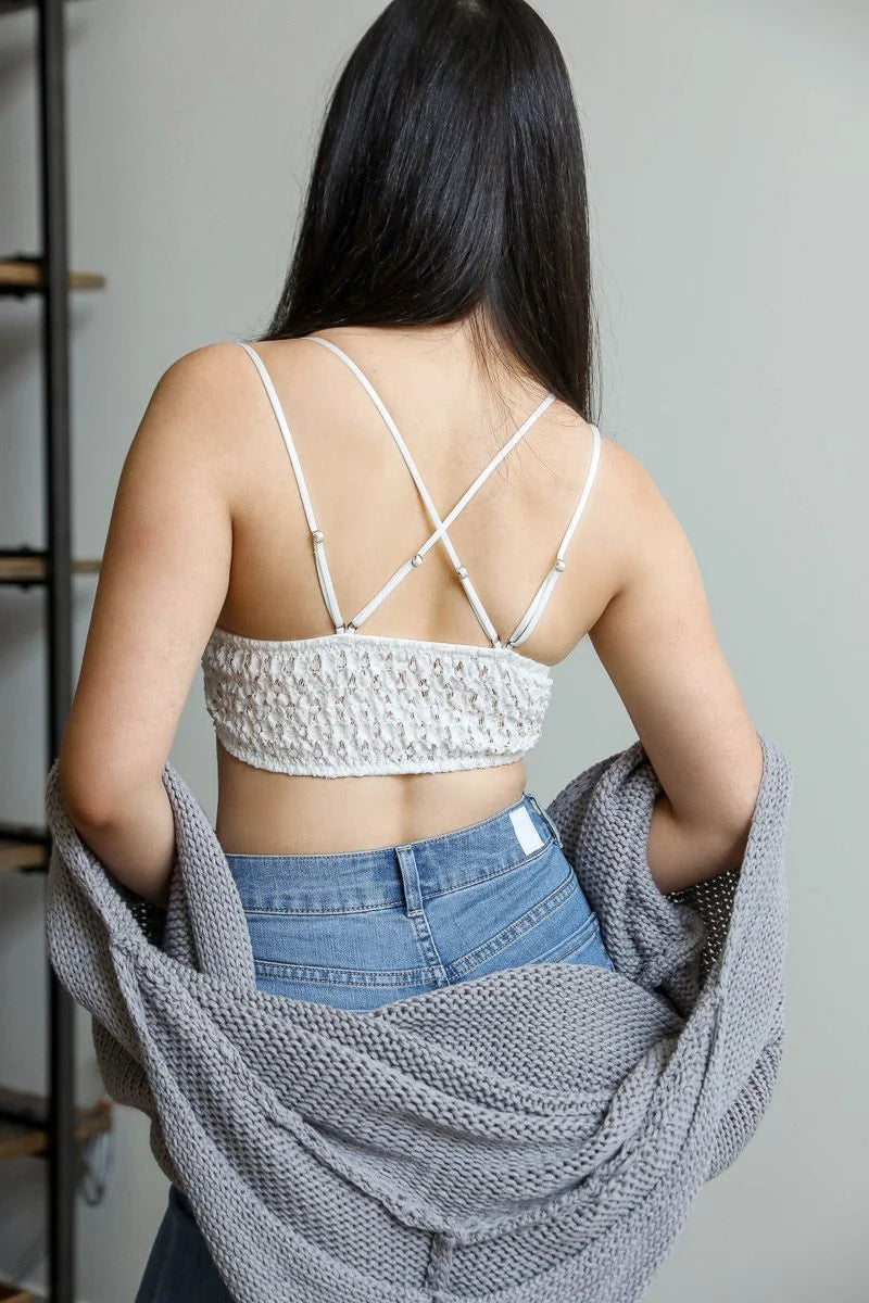 Woman in white top and jeans featuring Padded Crochet Lace Longline Bralette