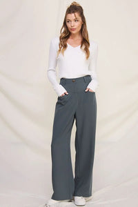 Woman in white top and gray trousers showcasing Twill Girdle Pocket Wide Pants