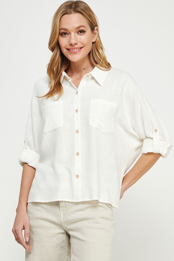 RELAXED FIT BUTTON FRONT SHIRT - OFF WHITE / SMALL - TOP