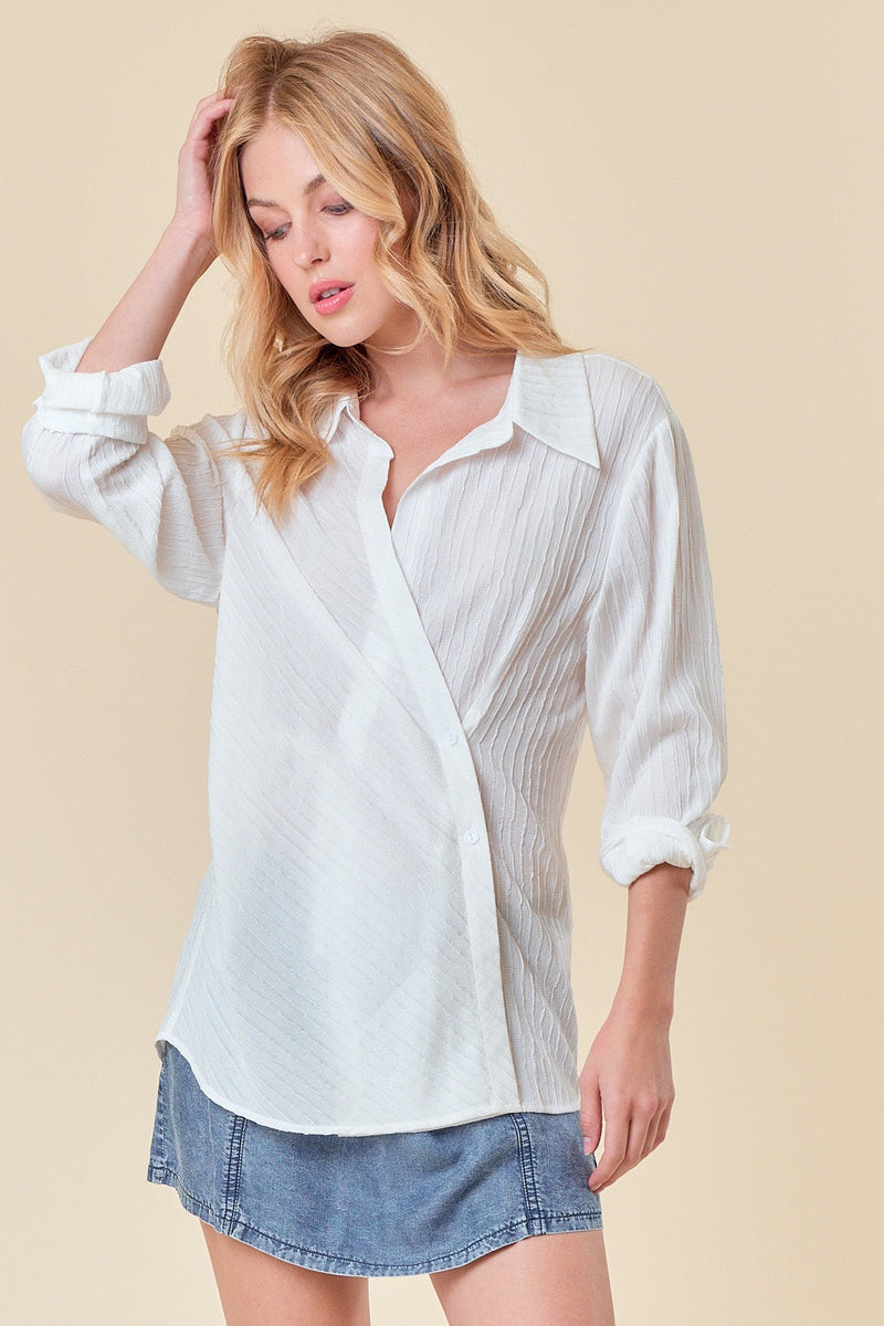 TEXTURED POINT COLLAR WRAP TOP - OFF WHITE / SMALL - TOP