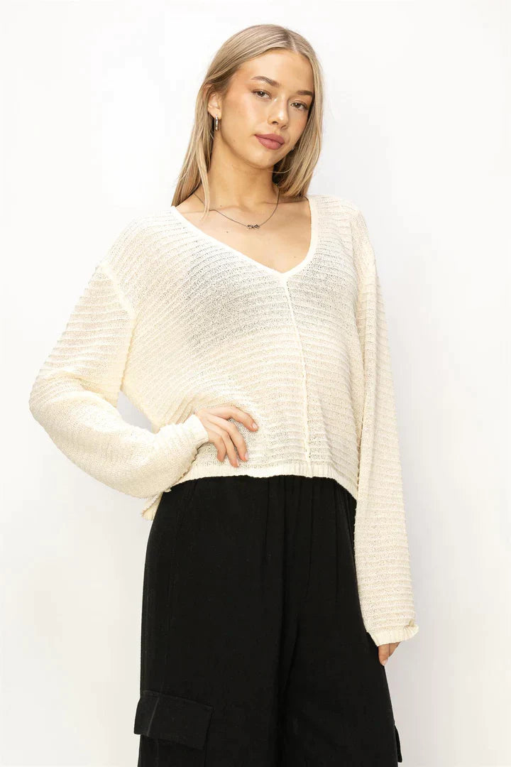 V NECK DROPPED SHOULDER SWEATER - SWEATERS