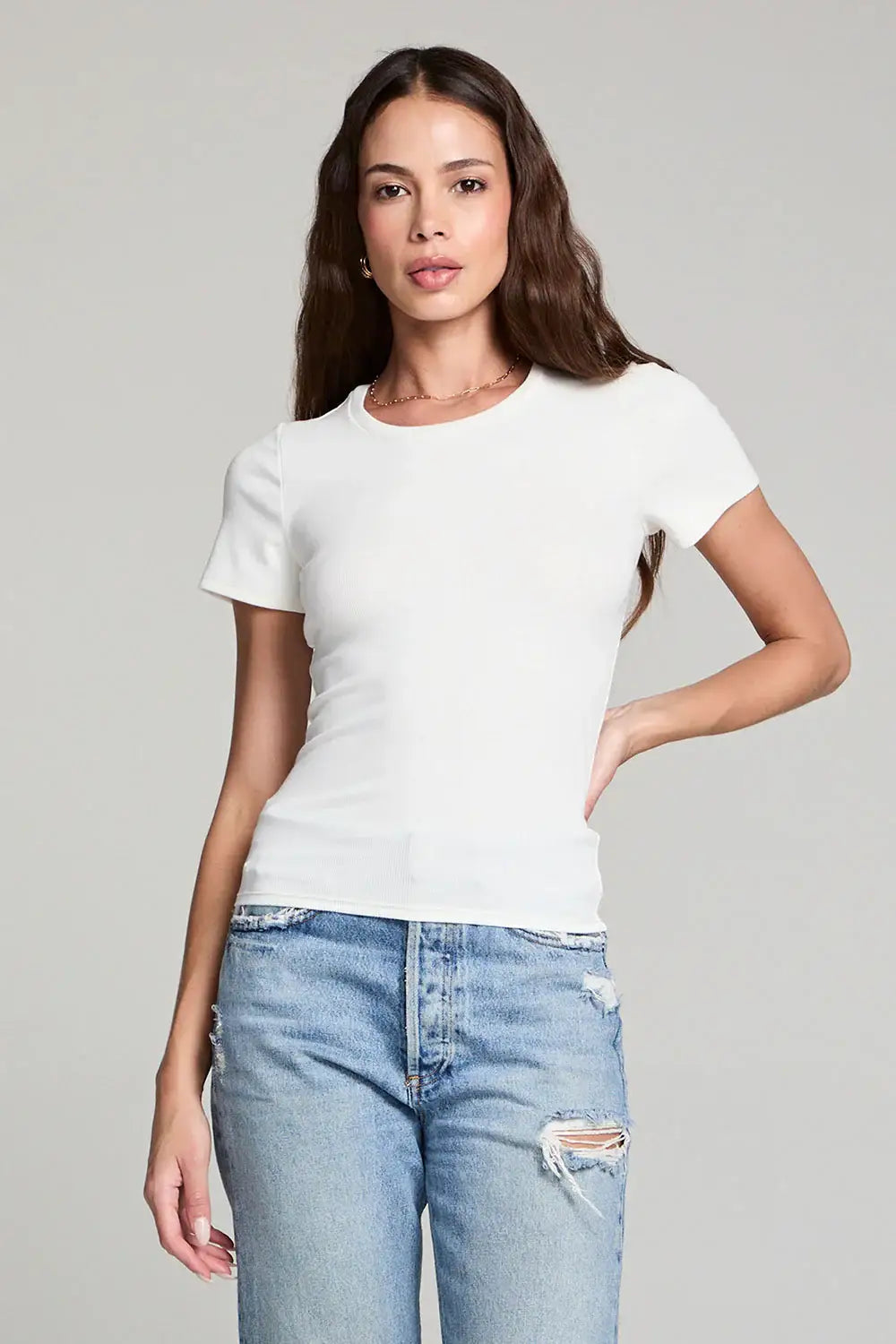 Woman wearing SALTWATER Crew Neck Short Sleeve Slim Tee, perfect for women’s boho chic clothing