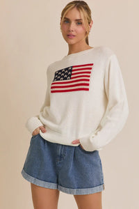 Woman’s American flag round neck sweater top, stylish flag round neck sweater for women