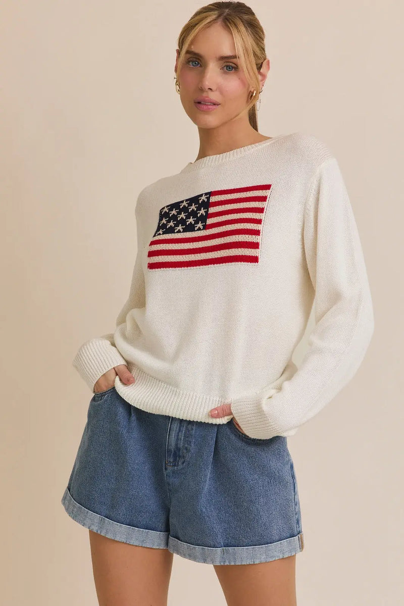 Woman’s American flag round neck sweater top, stylish flag round neck sweater for women