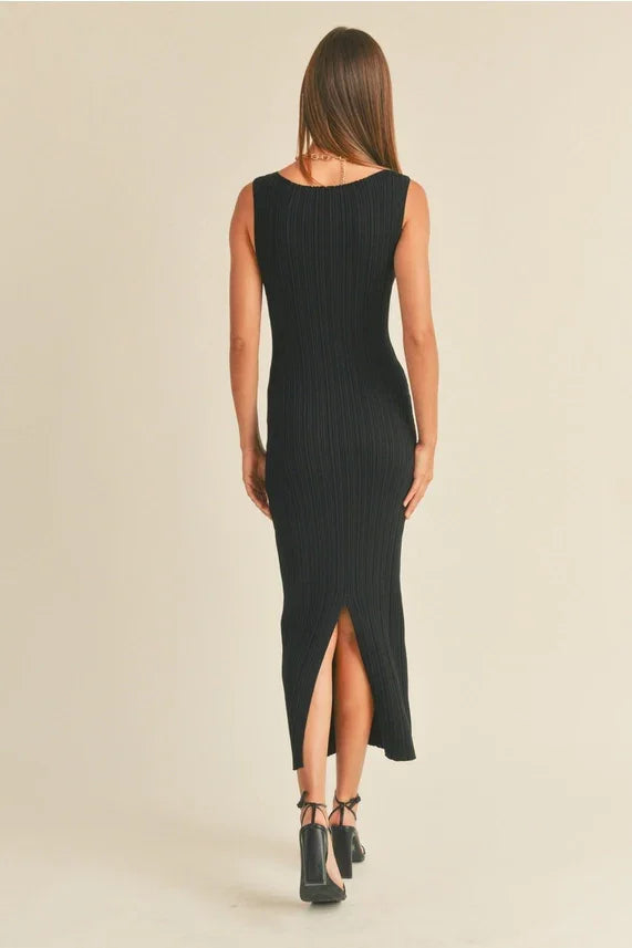 Patterned rib knitted women’s boho chic clothing black midi dress with back slit