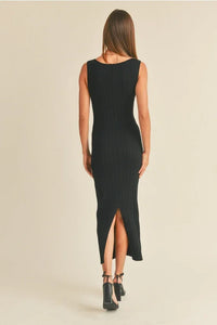Patterned rib knitted women’s boho chic clothing black midi dress with back slit