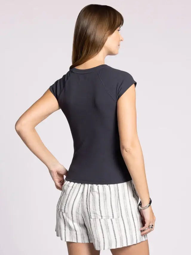 Woman wearing THREAD & SUPPLY WINSLET TEE with crew neckline and striped shorts