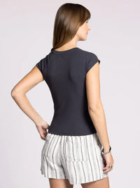 Woman wearing THREAD & SUPPLY WINSLET TEE with crew neckline and striped shorts