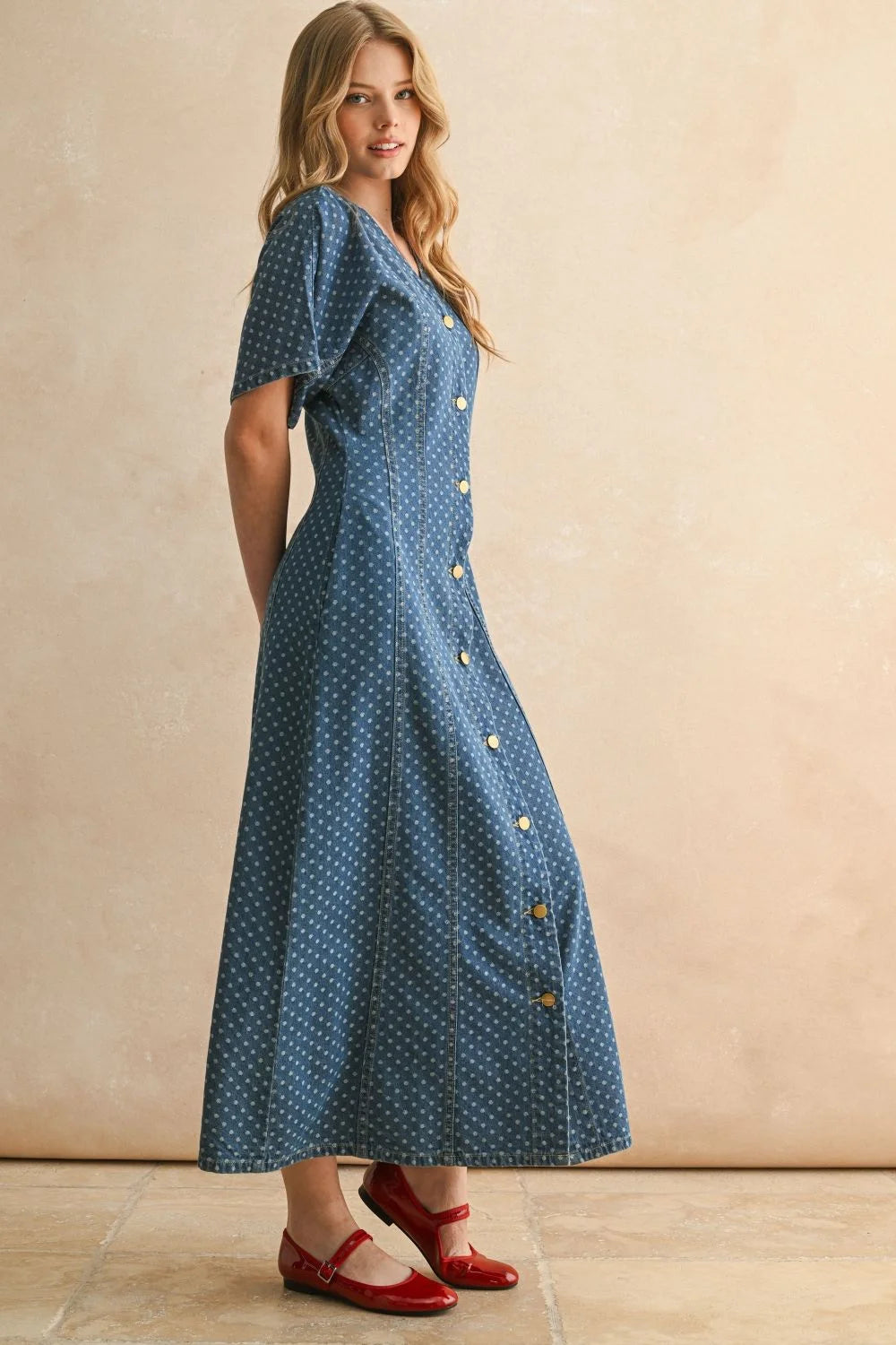 Blue polka dot midi dress with button front and red Mary Jane flats, perfect for women’s boho chic clothing from Shop Daisy