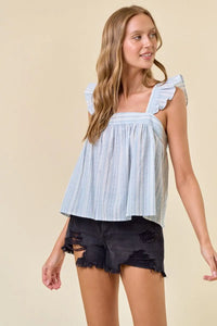 Women’s boho chic clothing featuring a striped ruffle cap sleeve top from Shop Daisy