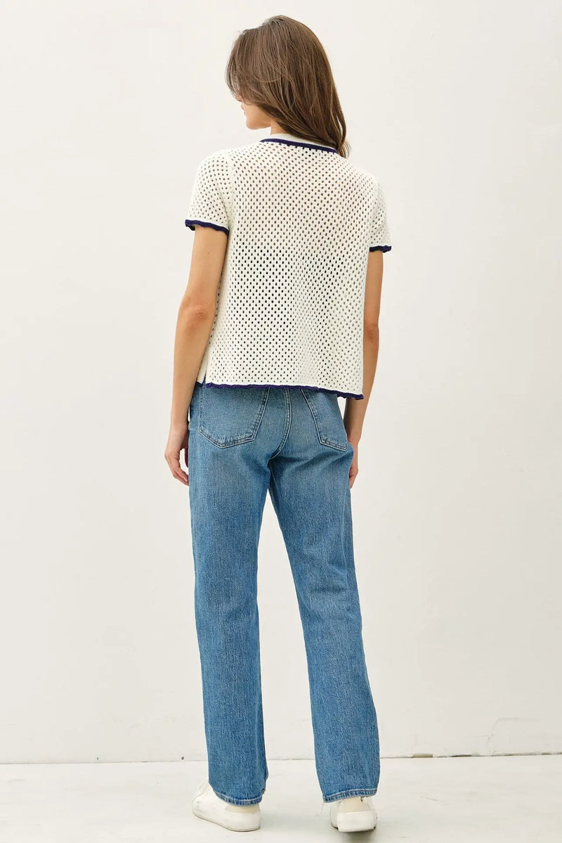 Woman’s casual outfit featuring a crochet knit open cardigan, perfect for womens boho clothes