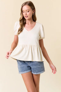 Slub ribbed women’s boho chic clothing peplum top and denim shorts for shop daisy