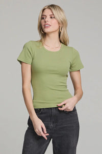 Fitted green crew neck short sleeve slim tee from Shop Daisy in women’s boho chic clothing