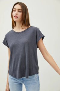 Woman’s gray short-sleeved breezy linen tee top with raw edge detailing
