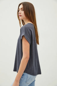Woman’s gray BACK RAW EDGE DETAILED BREEZY LINEN TEE TOP showcasing stylish design