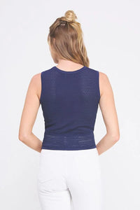 Woman’s navy blue fine gauge tank top with mixed pointelle detail from MIXED POINTELLE collection