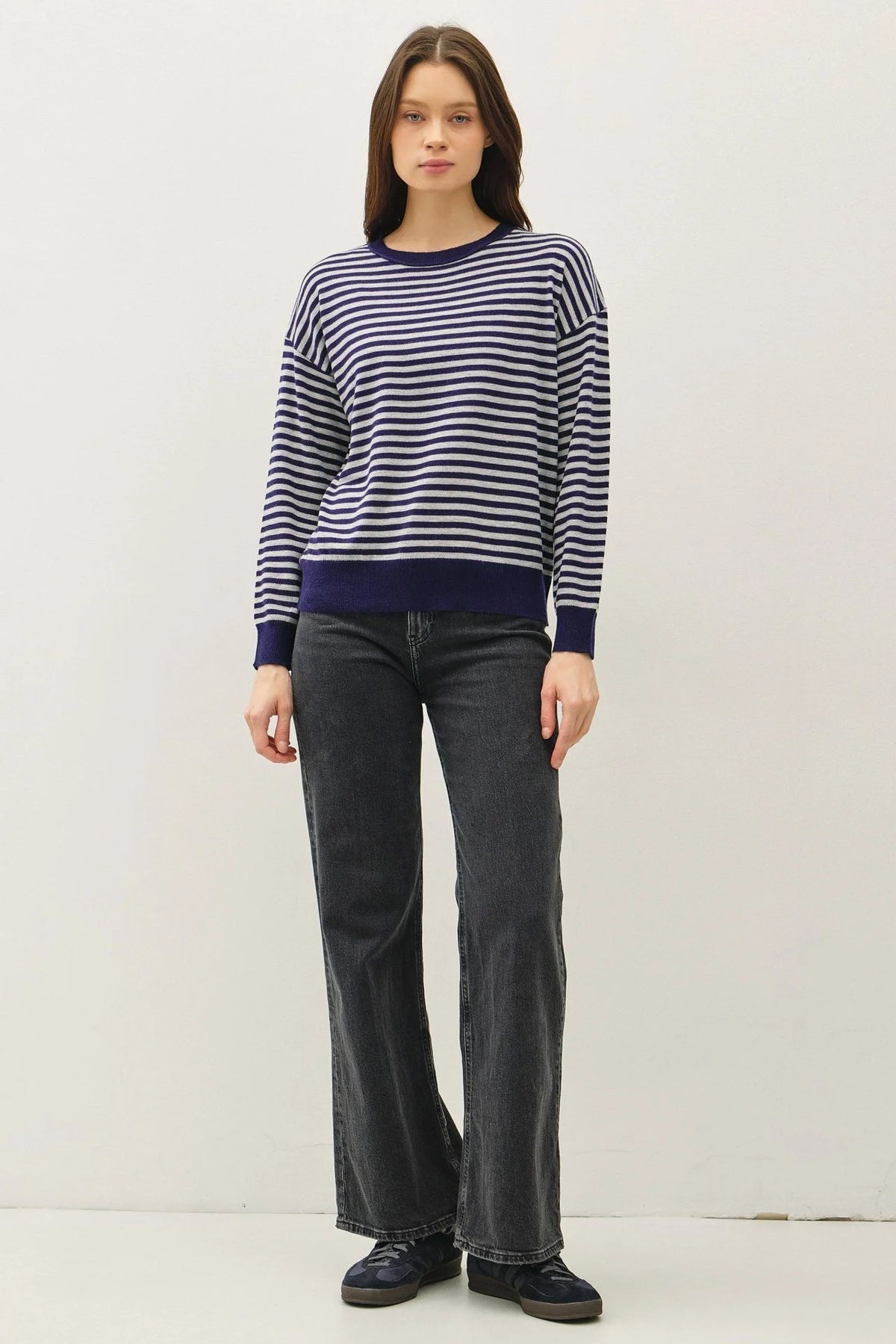 Wool blended striped sweater top featuring navy blue and white long sleeves and crew neck
