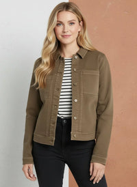 Olive green supply Siena jacket with button closures and striped shirt underneath