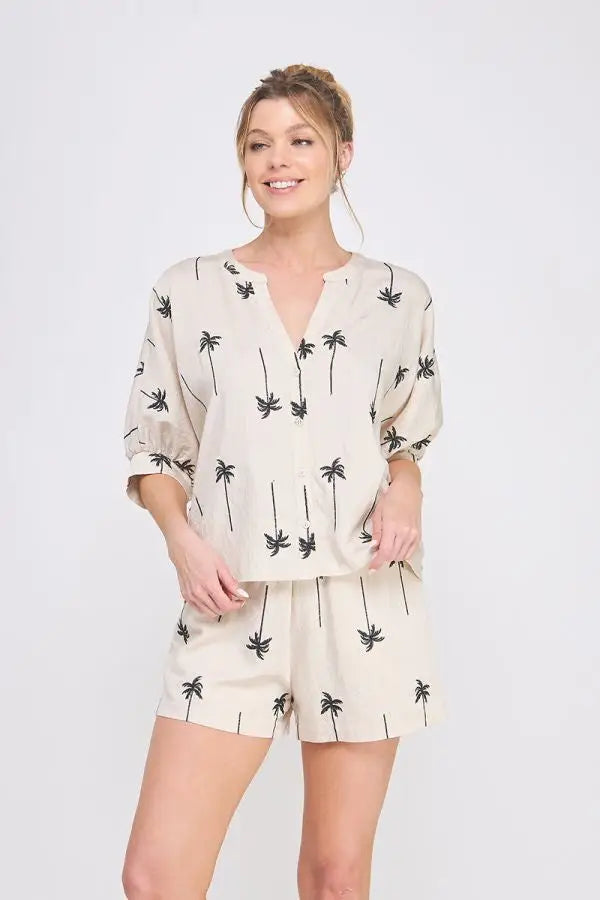 Woman’s palm tree print shorts set from shop daisy, perfect women’s boho chic clothing