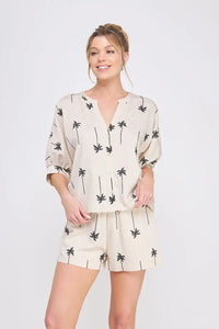 Woman’s palm tree print shorts set from shop daisy, perfect women’s boho chic clothing