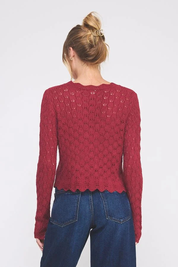 Red women’s boho chic tie cardigan with open-knit fabric and scalloped hem