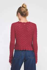 Red women’s boho chic tie cardigan with open-knit fabric and scalloped hem