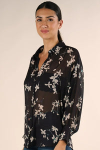 Sheer long sleeve black button-up floral top for elegant women’s fashion