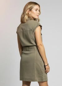 Supply Siena dress featuring short sleeves, collared design, belted waist, and white stitching