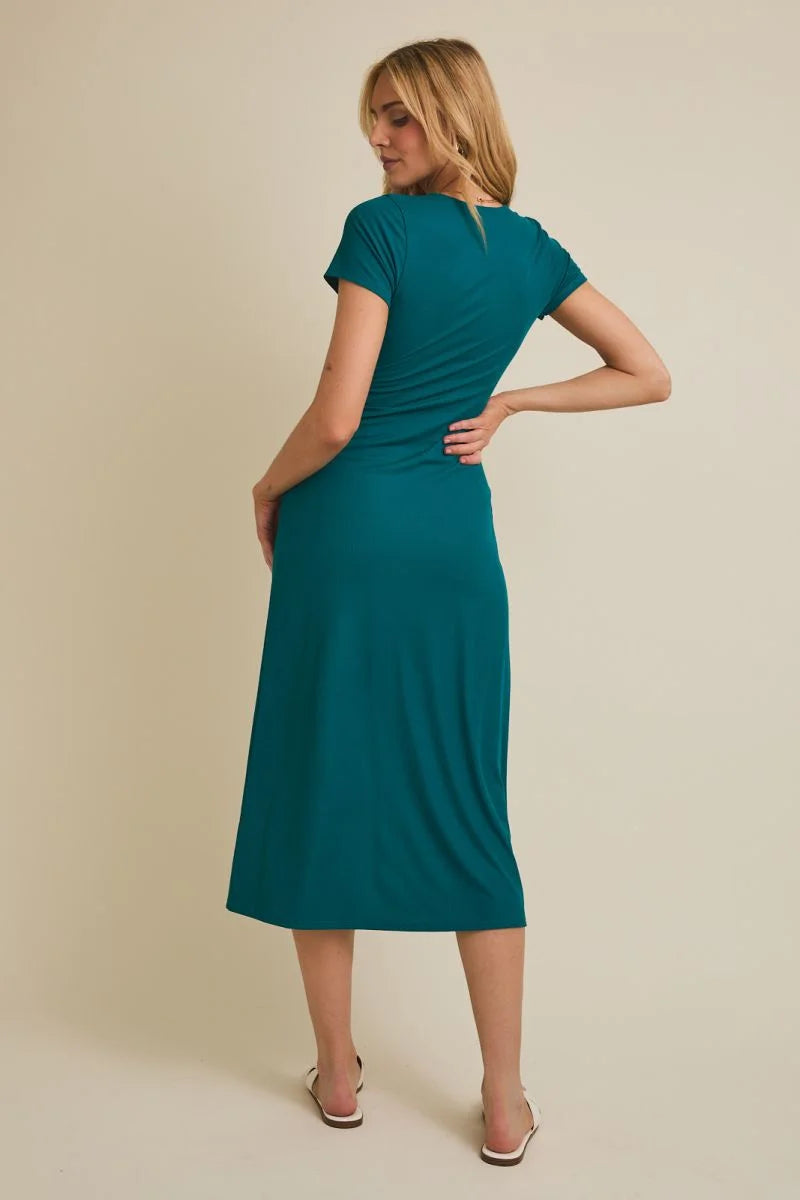 Teal short sleeve surplice twist midi dress with V-neckline for elegant style