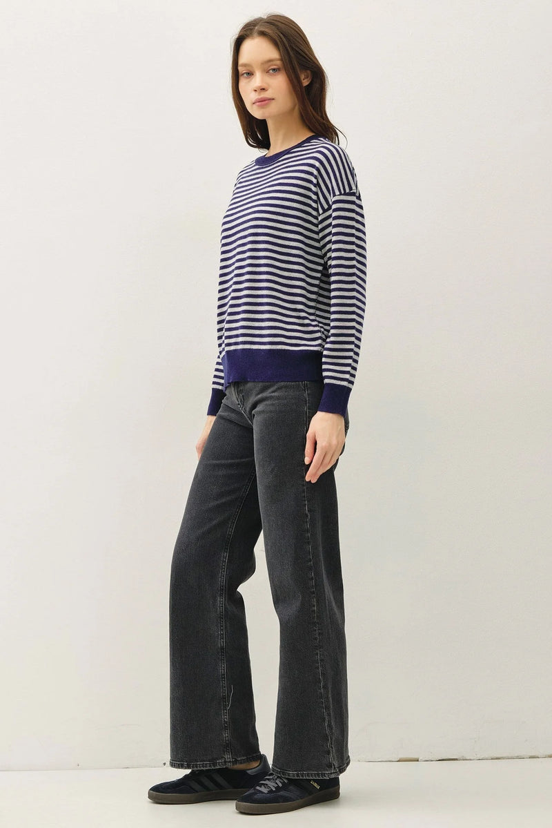 Wool blended striped sweater top featuring navy blue and light grey knit for women