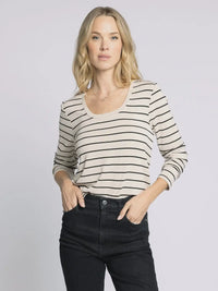 Women’s boho chic clothing featuring the THREAD AND SUPPLY LAUREN TOP striped long-sleeved shirt