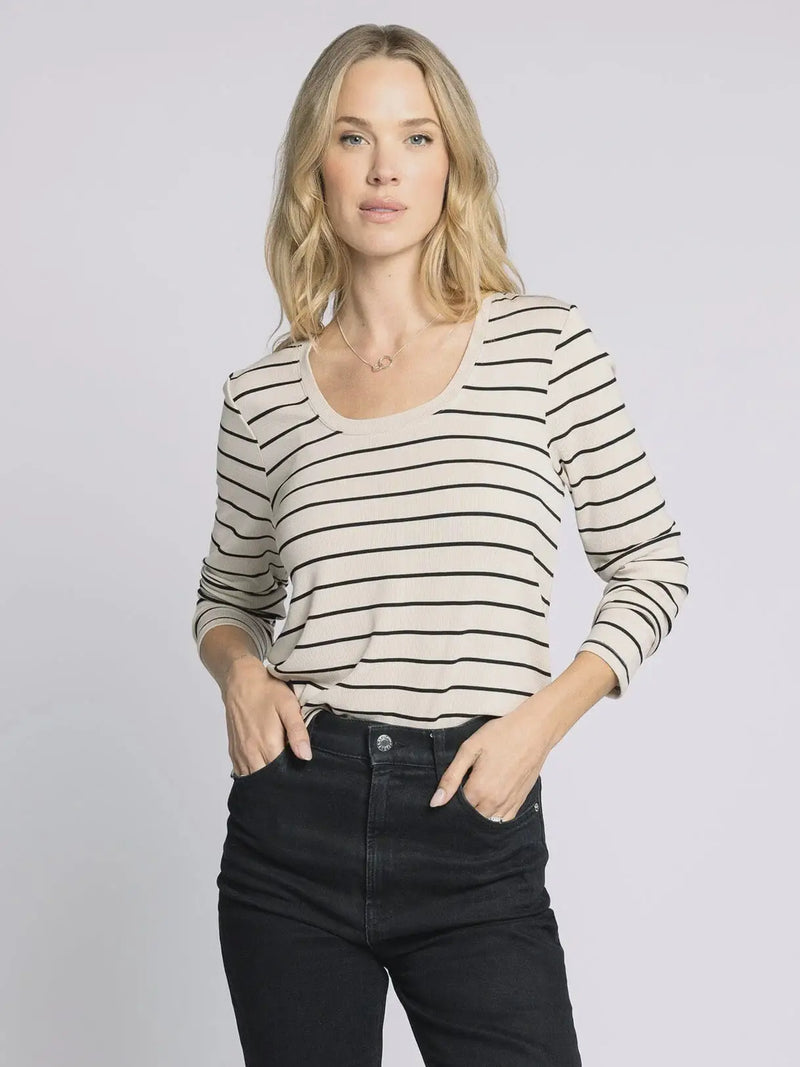 Women’s boho chic clothing featuring the THREAD AND SUPPLY LAUREN TOP striped long-sleeved shirt
