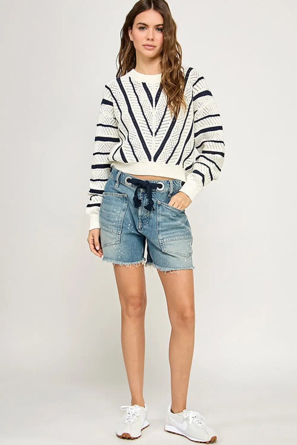 Knit sweater and denim shorts outfit, women’s boho chic clothing, shop Daisy