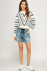 Knit sweater and denim shorts outfit, women’s boho chic clothing, shop Daisy