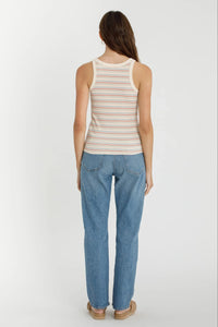 Woman wearing ribbed cotton multi striped tank top and blue jeans for casual style