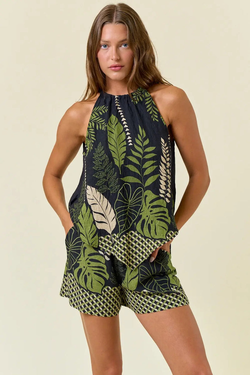 Tropical border palm tree halter top and shorts set displayed on BORDER PALM TREE SCARF TANK