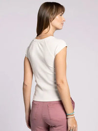 Woman wearing THREAD & SUPPLY WINSLET TEE in white with crew neckline, basic solid tee